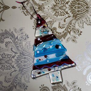 Handmade Colorful Fused Glass Christmas Tree Ornament Red Blue Transparent  6"